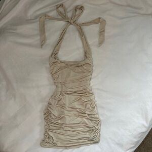 Oh Polly Halter Neck Ruched Bodycon Dress (cream)